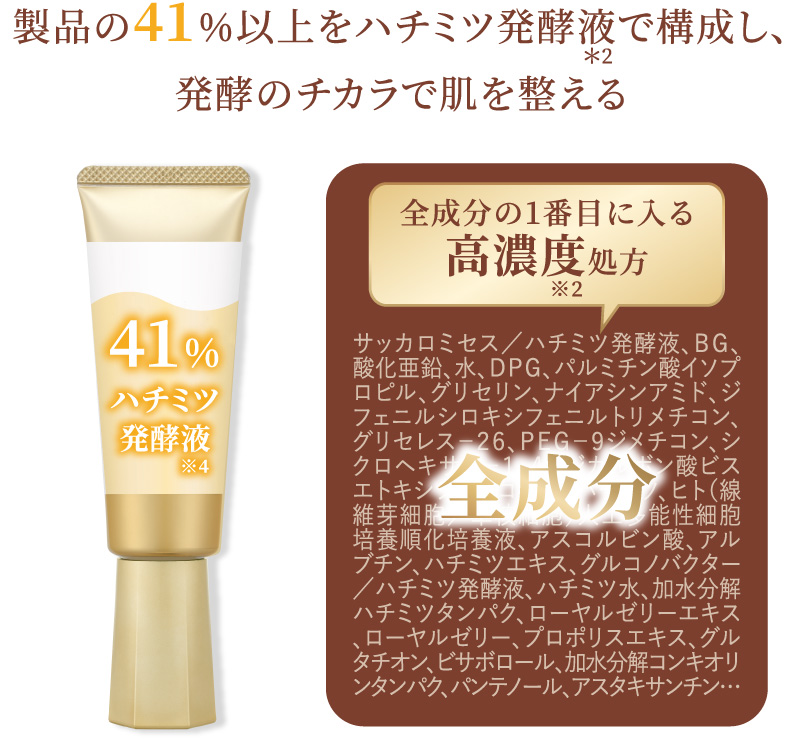 製品の57%以上をハチミツ発酵液で構成し、発酵のチカラで肌を整える